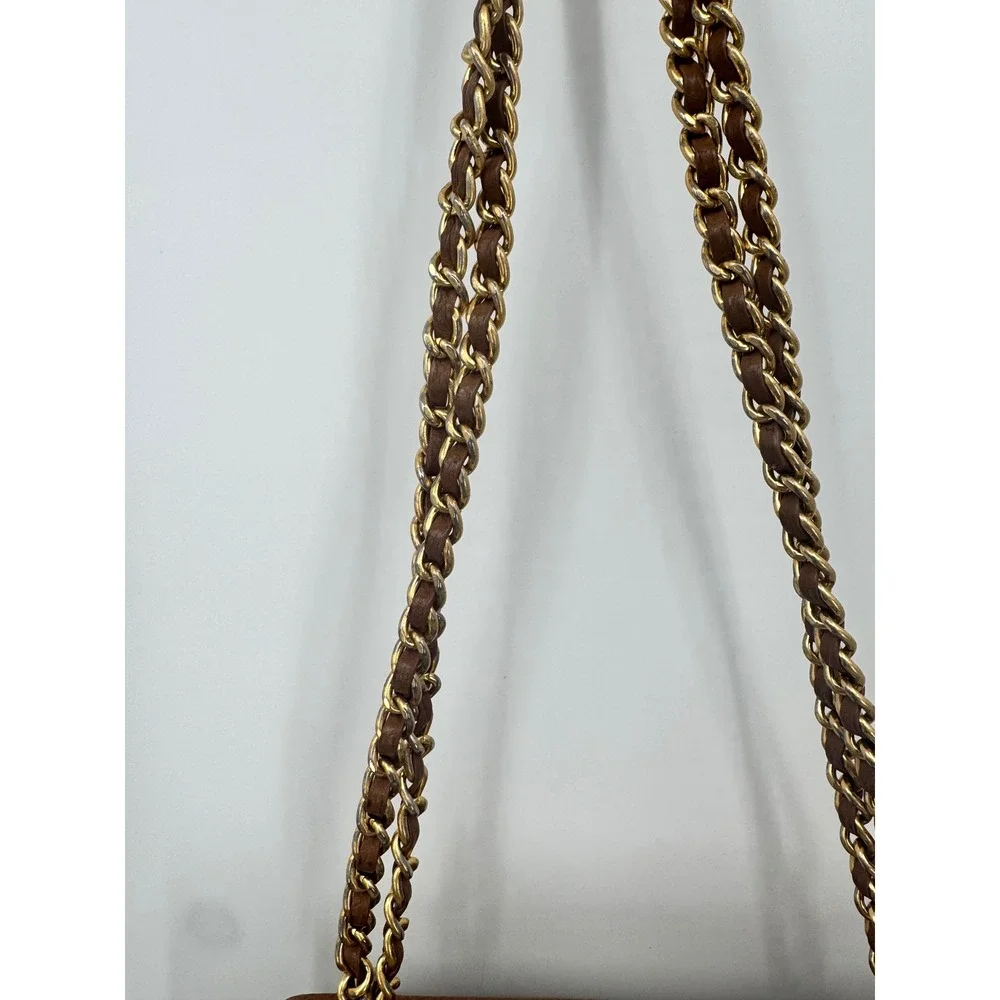 Tory Burch Shoulder Bag Womens Small Brown Leather Chain Strap Flap Logo